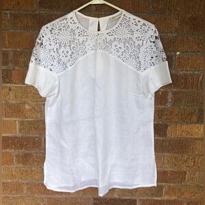 Neiman Marcus Women's White Linen Crochet Short Sleeve Blouse Size L Costal